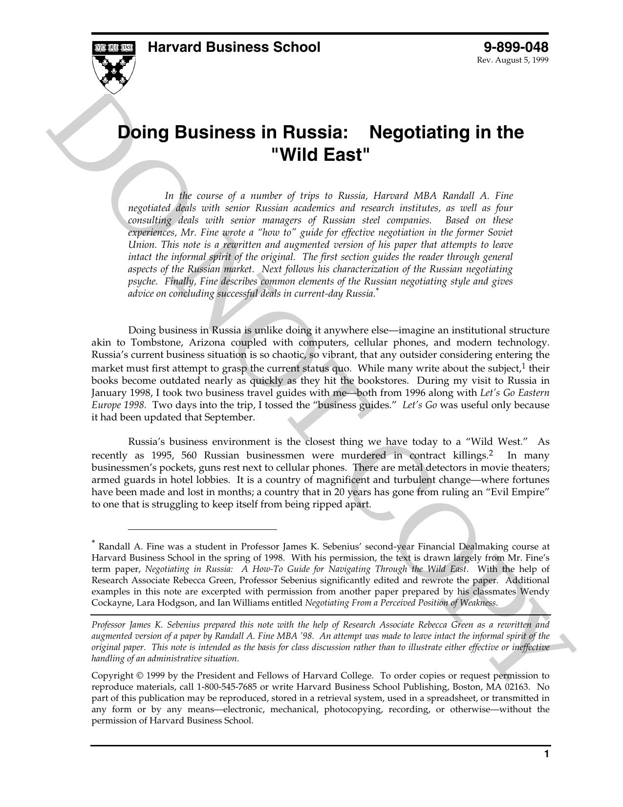 Doing Business in Russia: Negotiating in the "Wild East by Sebenius James K