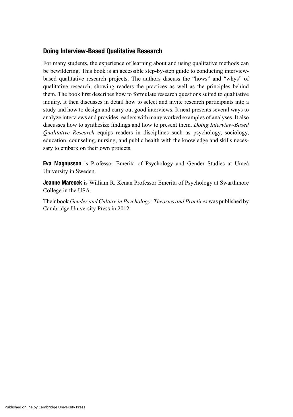 Doing Interview-based Qualitative Research: A Learner's Guide by Eva Magnusson Jeanne Marecek