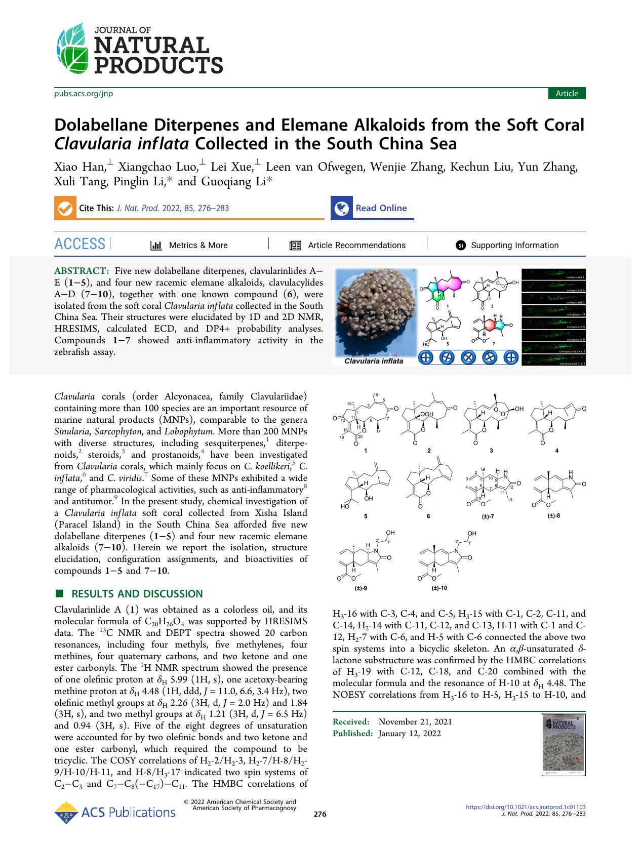 Dolabellane Diterpenes and Elemane Alkaloids from the Soft Coral Clavularia inflata Collected in the South China Sea by unknow