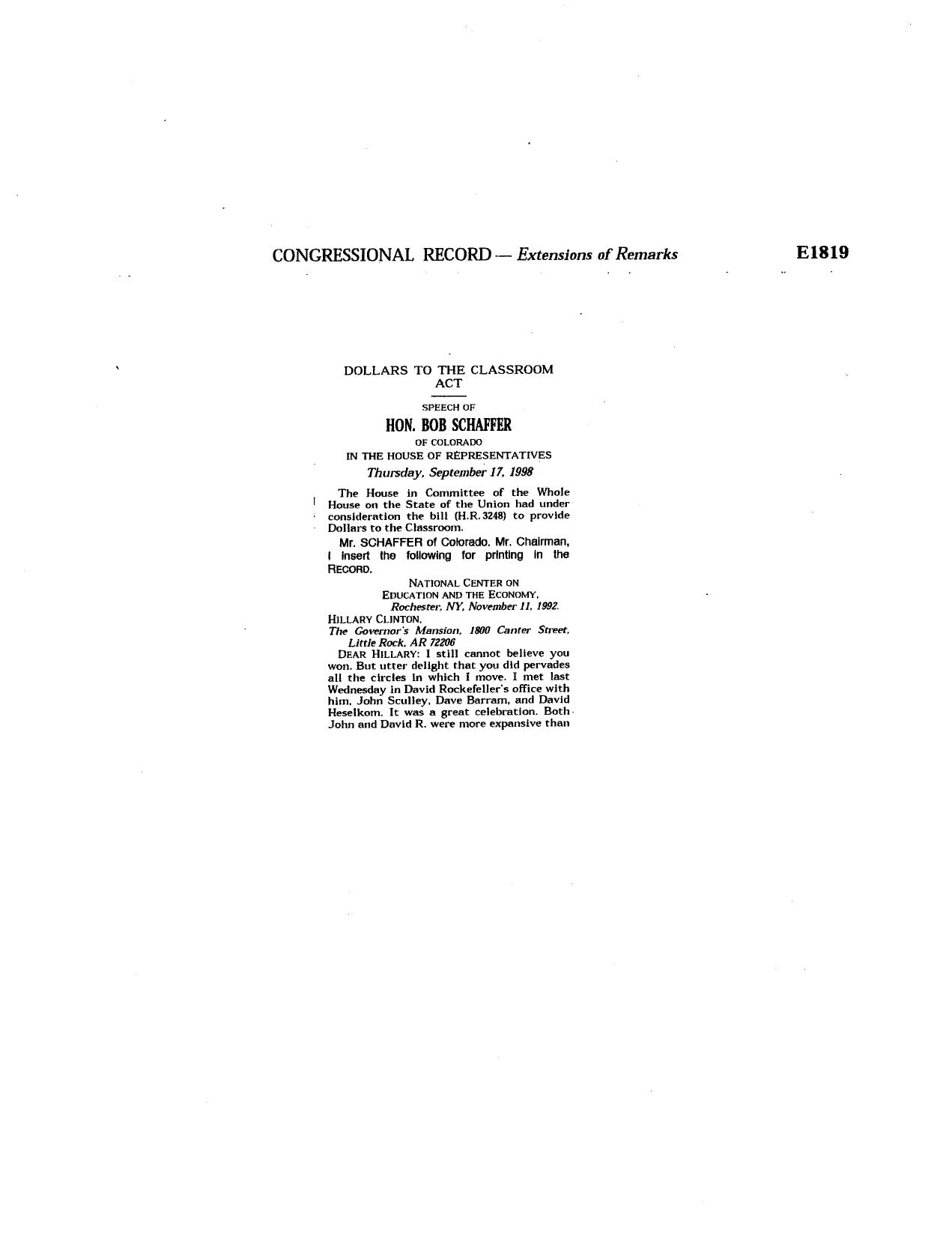 Dollars To The Classroom Act-Congressional Record-Bob Shaffer-1998-7pgs-GOV-EDU by Unknown