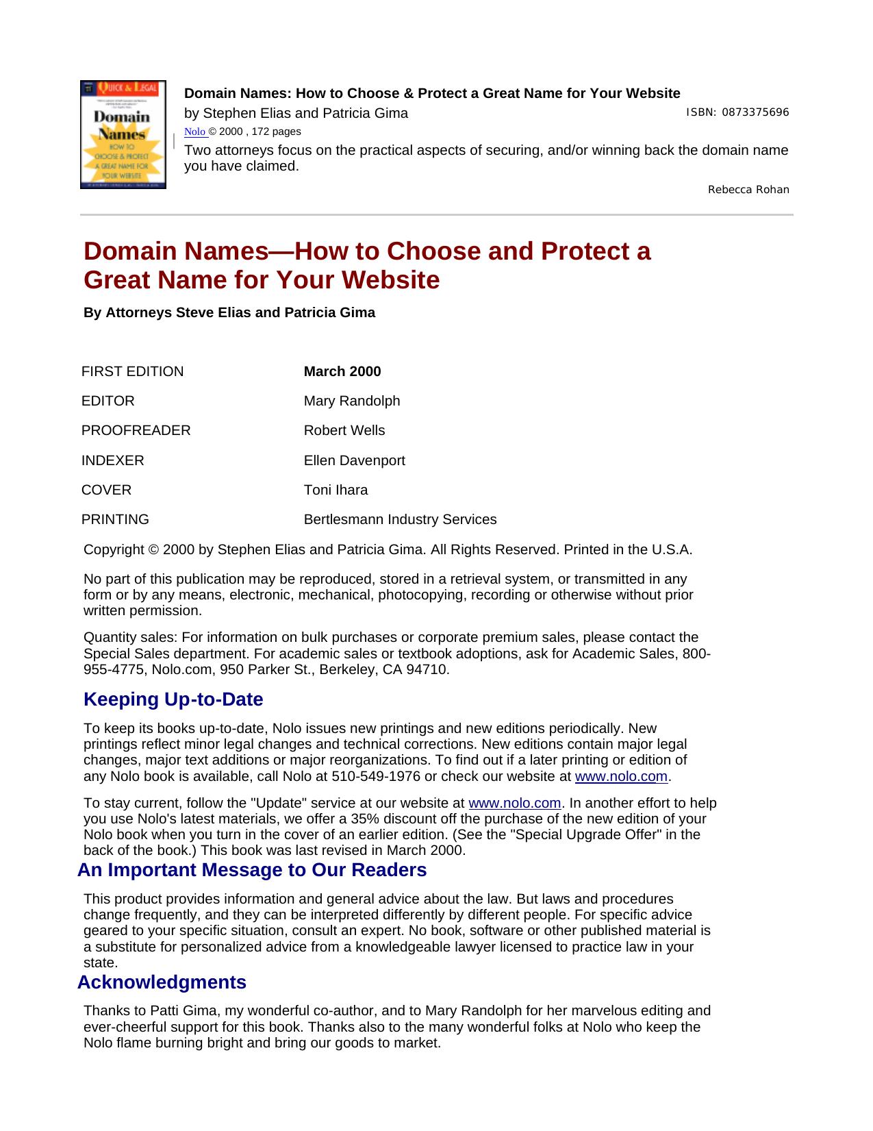 Domain Names: How to Choose and Protect a Great Name for Your Website by Stephen Elias Patricia Gima