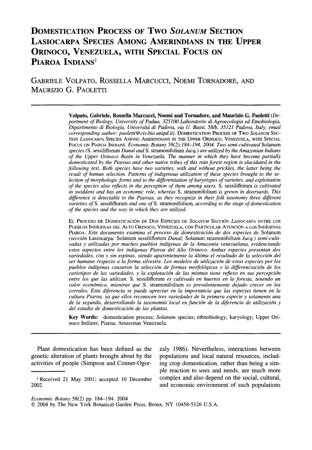 Domestication process of two Solanum section lasiocarpa species among Amerindians in the upper orinoco, venezuela, with special focus on Piaroa Indians by Unknown