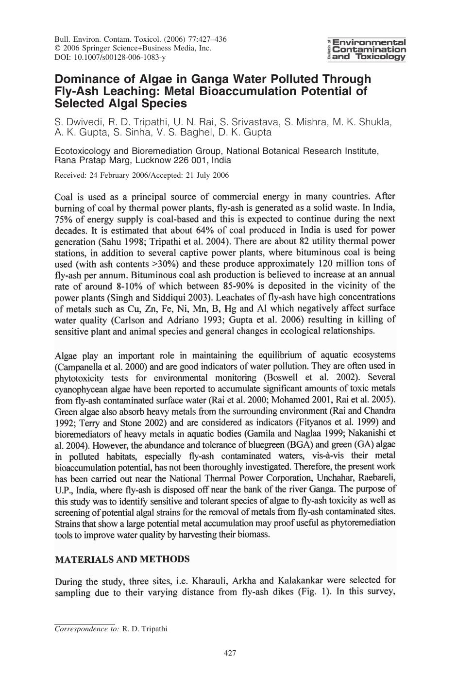 Dominance of Algae in Ganga Water Polluted Through Fly-Ash Leaching: Metal Bioaccumulation Potential of Selected Algal Species by Dwivedi & S. & et al