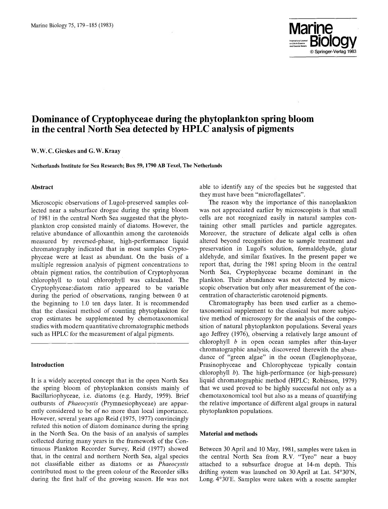 Dominance of Cryptophyceae during the phytoplankton spring bloom in the central North Sea detected by HPLC analysis of pigments by Unknown