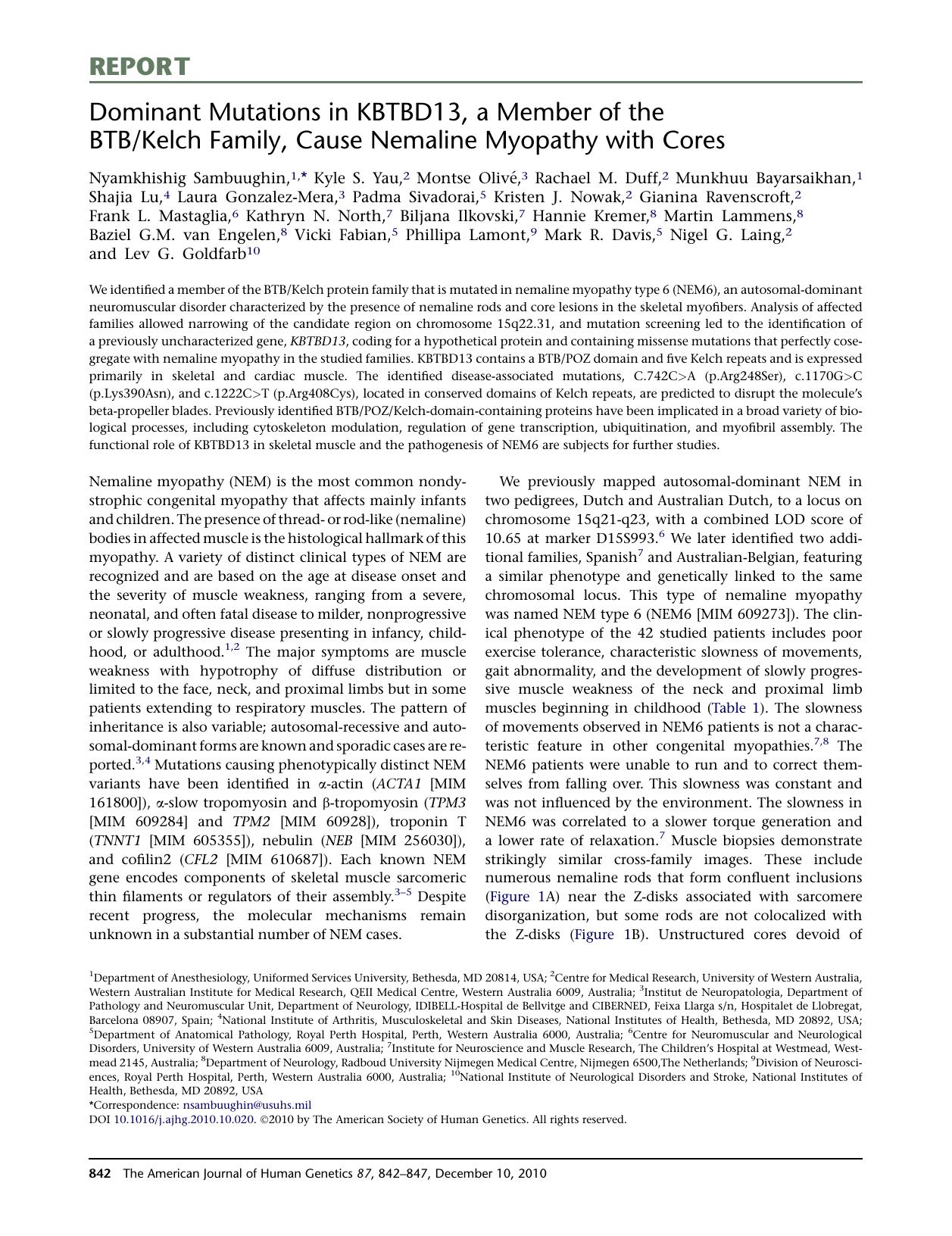 Dominant Mutations in KBTBD13, a Member of the BTBKelch Family, Cause Nemaline Myopathy with Cores by unknow