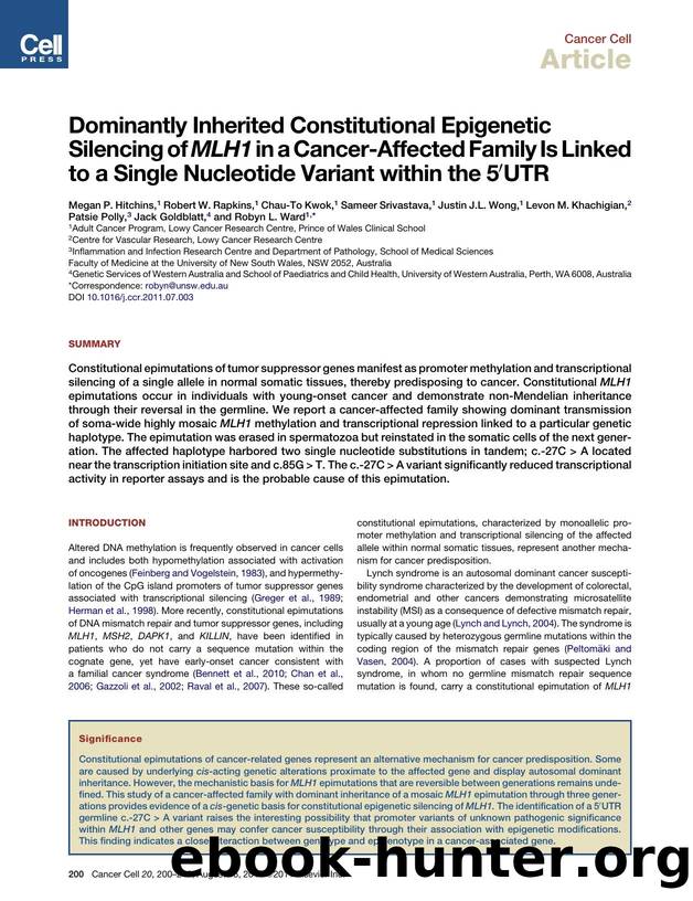 Dominantly Inherited Constitutional Epigenetic Silencing of MLH1 in a Cancer-Affected Family Is Linked to a Single Nucleotide Variant within the 5&prime;UTR by unknow