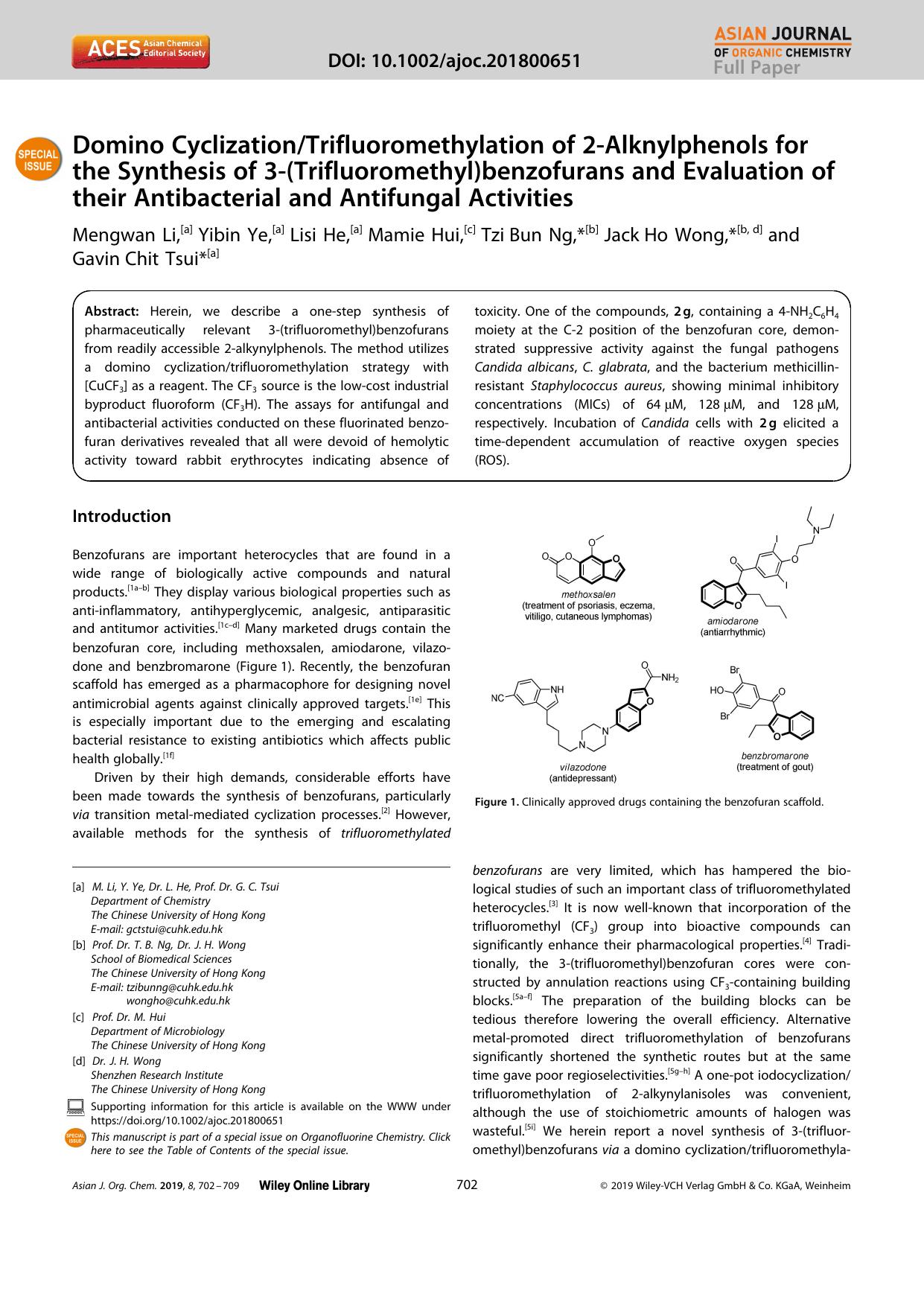 Domino CyclizationTrifluoromethylation of 2âAlknylphenols for the Synthesis of 3â(Trifluoromethyl)benzofurans and Evaluation of their Antibacterial and Antifungal Activities by Unknown