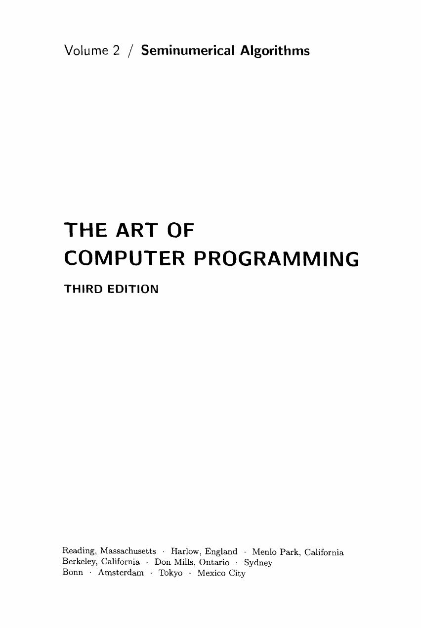 Donald E. Knuth by The Art of Computer Programming Volume 2 Seminumerical Algorithms (3rd Edition) (1997)