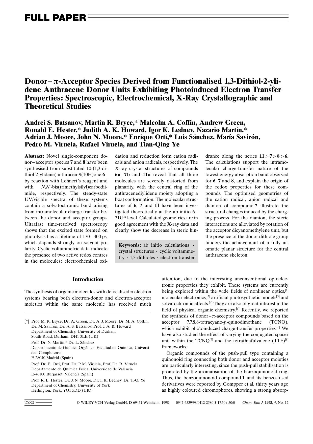 Donor-[pi]-Acceptor Species Derived from Functionalised 1,3-Dithiol-2-ylidene Anthracene Donor Units Exhibiting Photoinduced Electron Transfer Properties: Spectroscopic, Electroche by Unknown