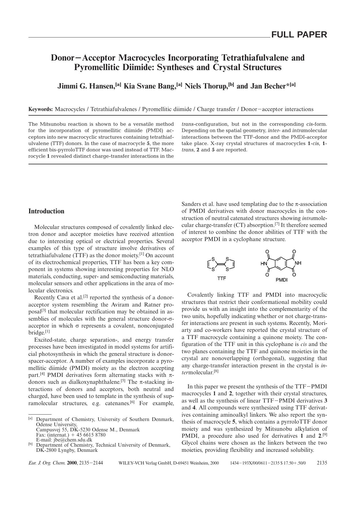 Donor-Acceptor Macrocycles Incorporating Tetrathiafulvalene and Pyromellitic Diimide: Syntheses and Crystal Structures by Unknown