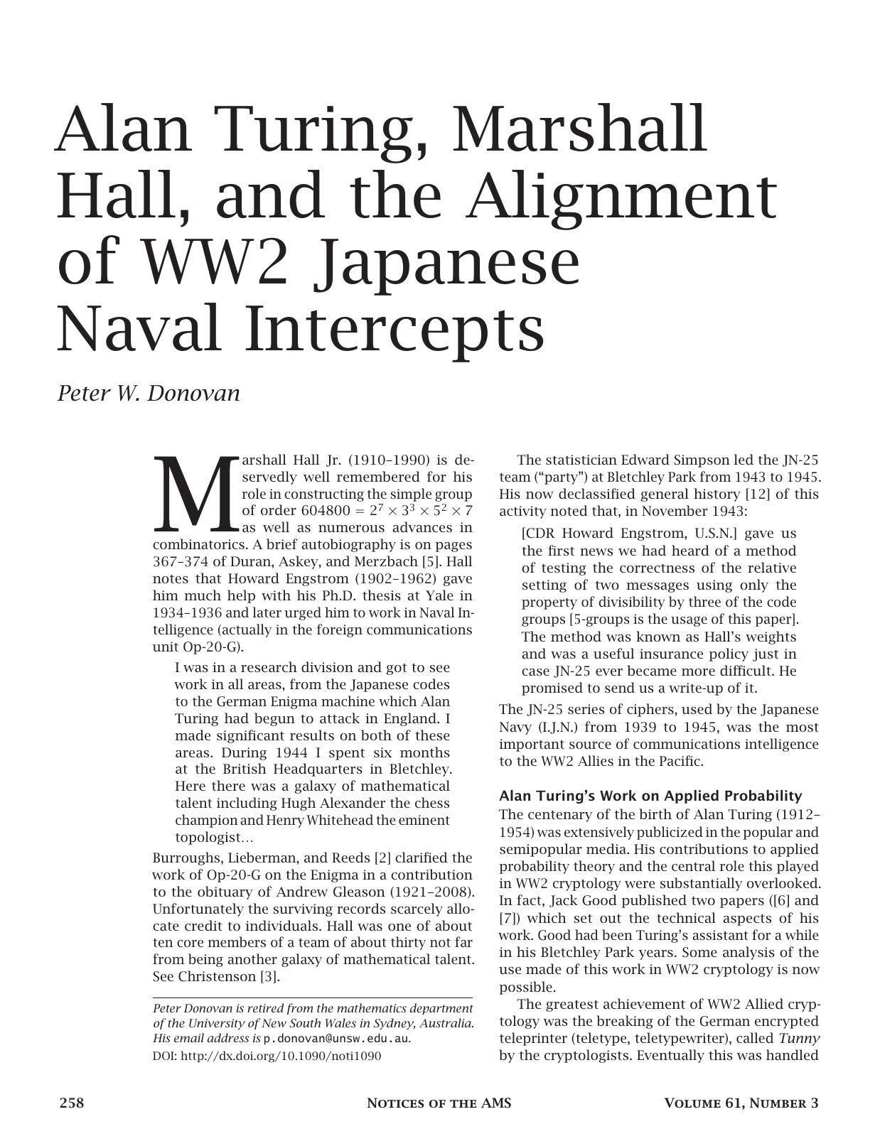 Donovan 2014 Alan Turing Marshall Hall and the Alignment of WW2 Japanese Naval Intercepts by Unknown