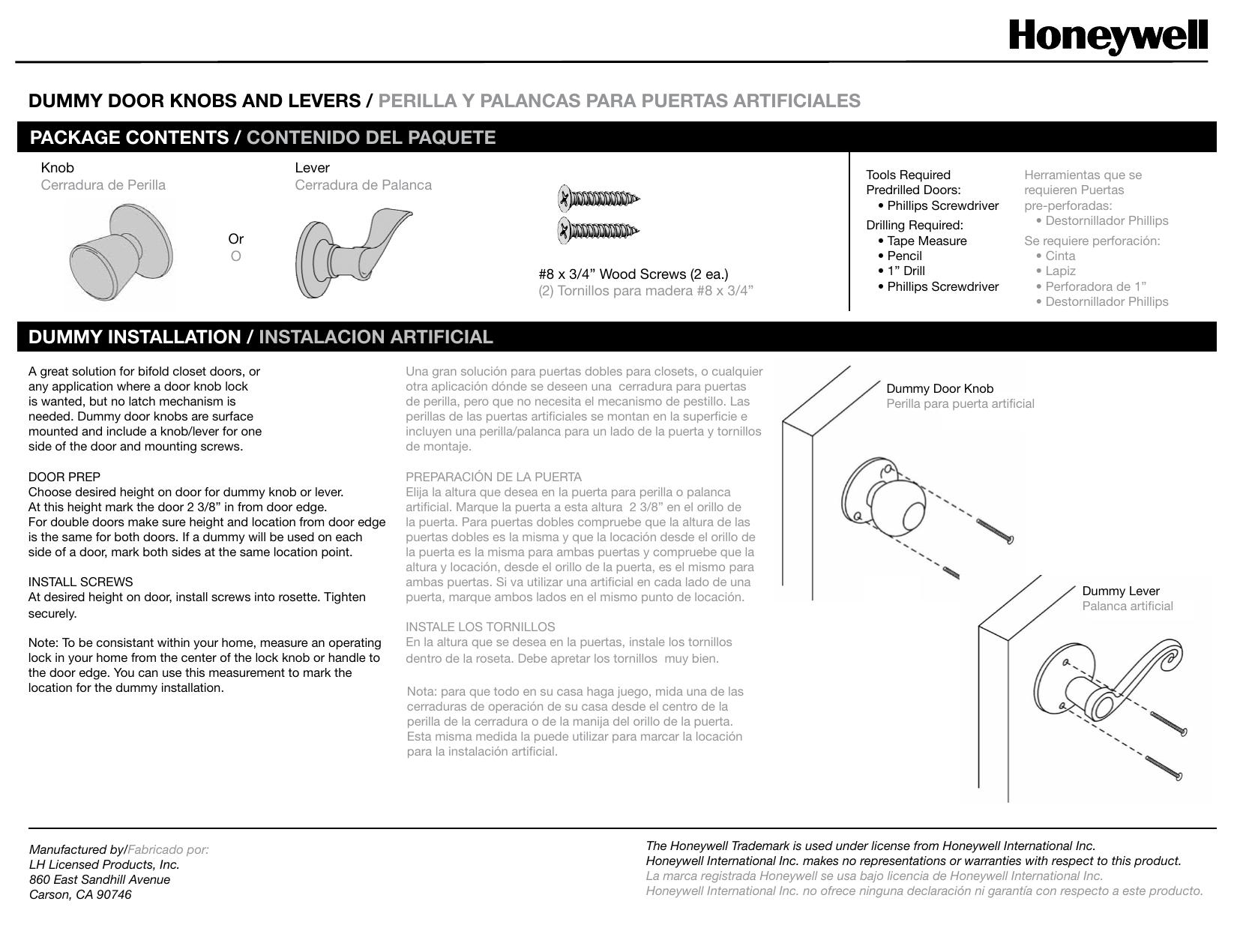 Door DummyKnobLever English & Spanish Manual by Unknown