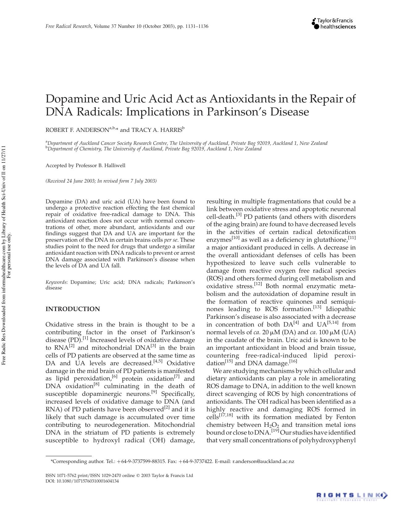 Dopamine and Uric Acid Act as Antioxidants in the Repair of DNA Radicals: Implications in Parkinson's Disease by Robert F. Anderson2 & Tracy A. Harris2