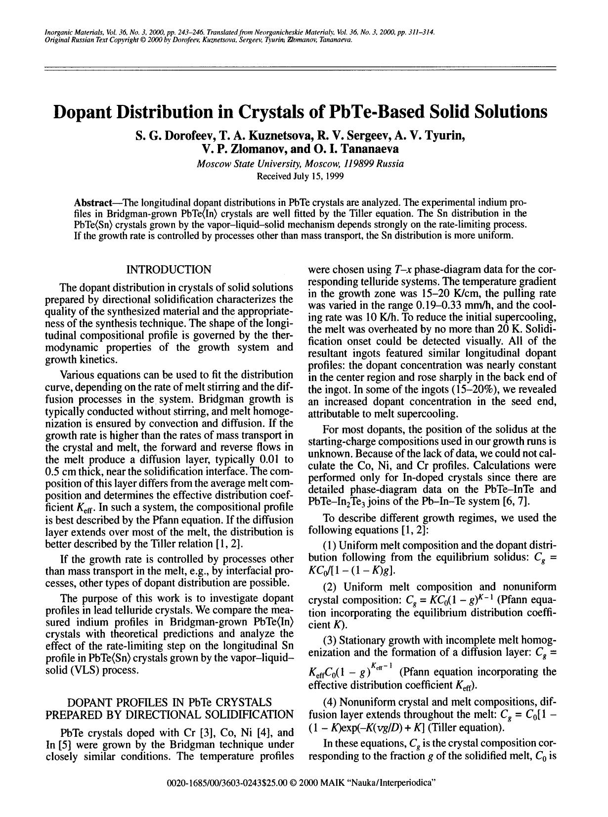 Dopant distribution in crystals of PbTe-based solid solutions by Unknown
