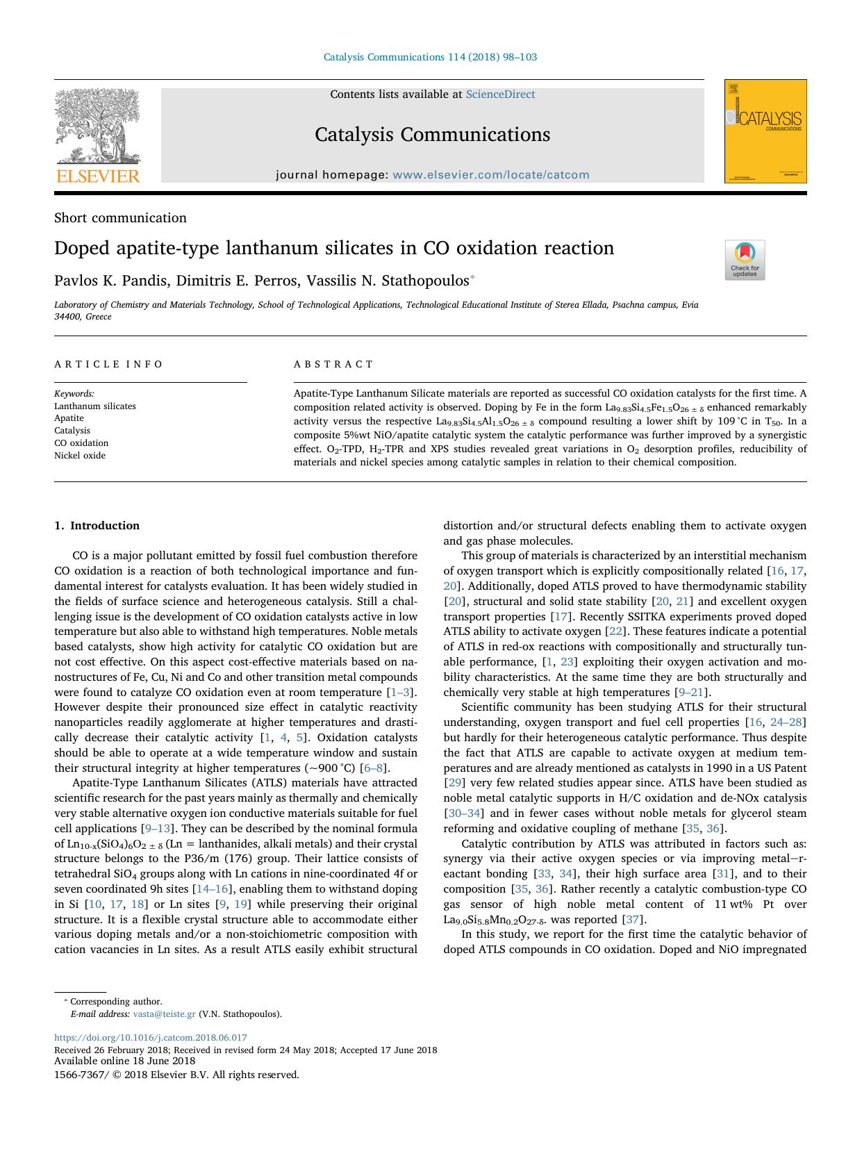 Doped apatite-type lanthanum silicates in CO oxidation reaction by Pavlos K. Pandis & Dimitris E. Perros & Vassilis N. Stathopoulos