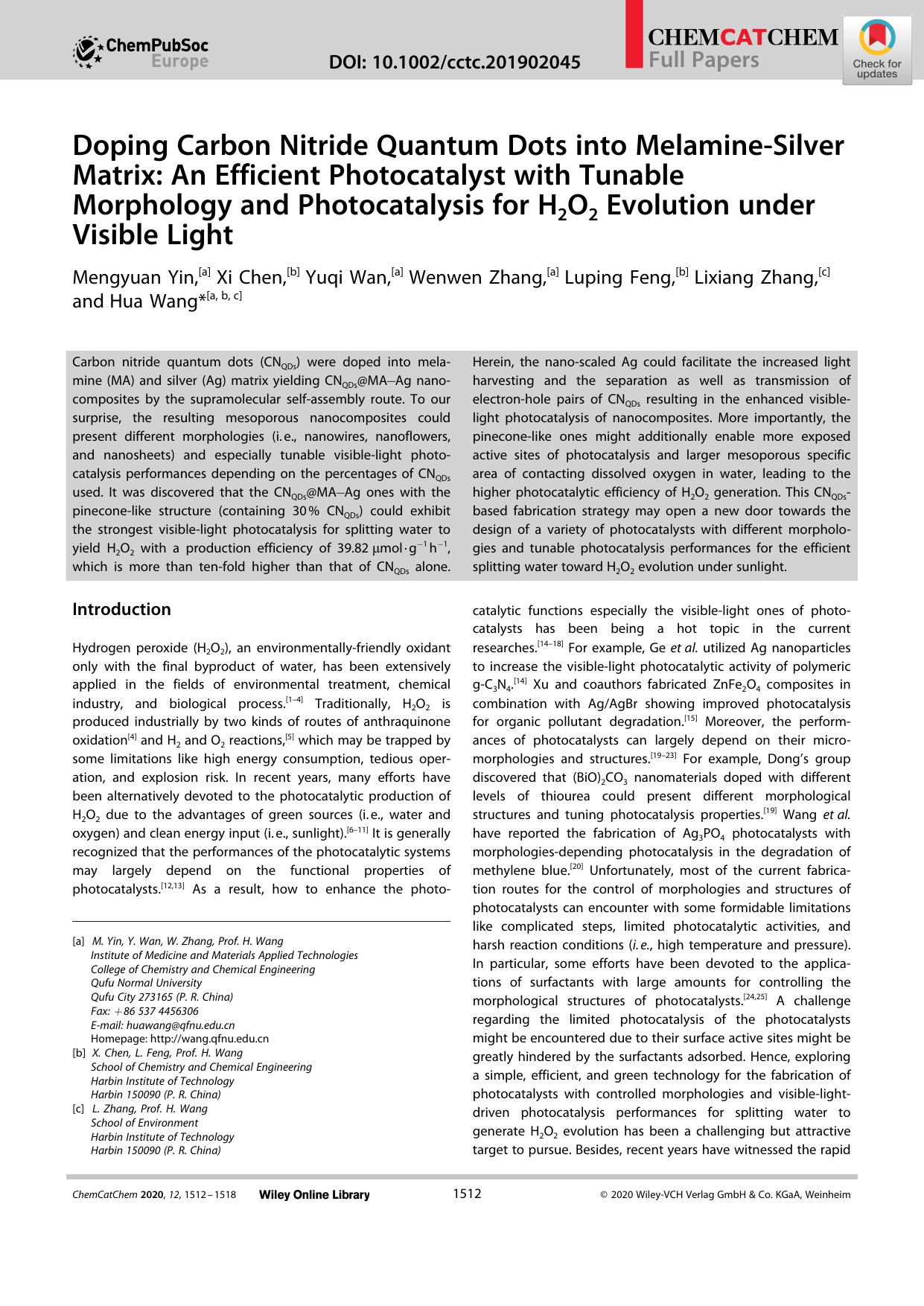 Doping Carbon Nitride Quantum Dots into MelamineâSilver Matrix: An Efficient Photocatalyst with Tunable Morphology and Photocatalysis for H2O2 Evolution under Visible Light by Unknown