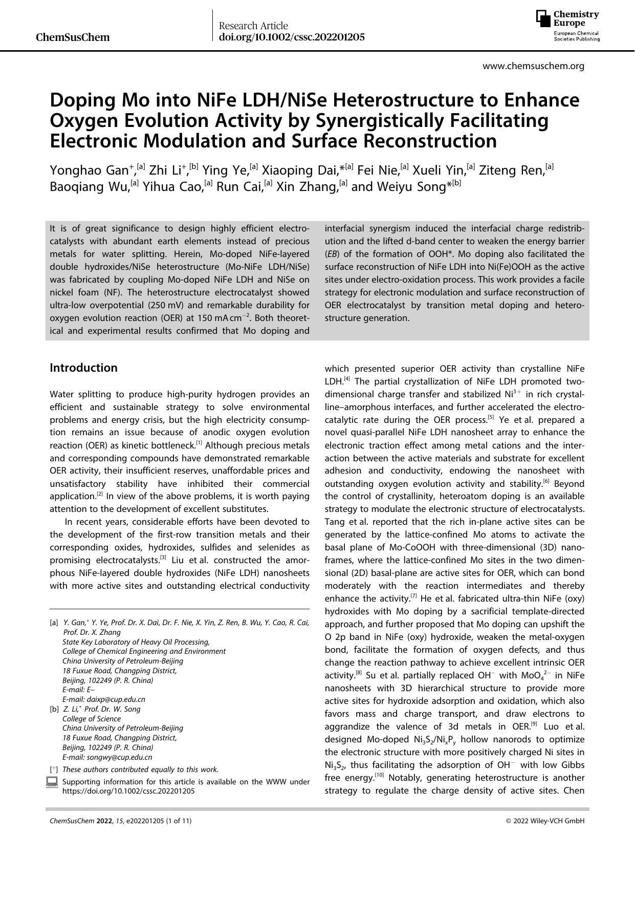 Doping Mo into NiFe LDHNiSe Heterostructure to Enhance Oxygen Evolution Activity by Synergistically Facilitating Electronic Modulation and Surface Reconstruction by Unknown