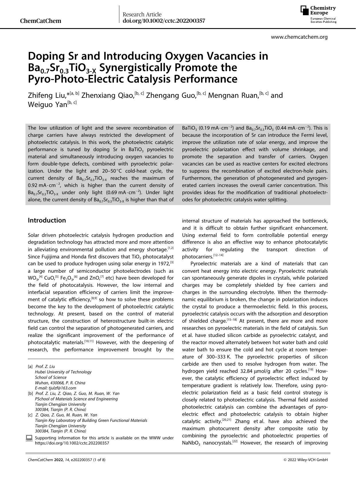 Doping Sr and Introducing Oxygen Vacancies in Ba0.7Sr0.3TiO3âX Synergistically Promote the PyroâPhotoâElectric Catalysis Performance by Unknown