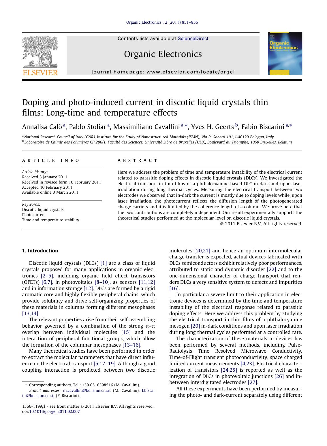 Doping and photo-induced current in discotic liquid crystals thin films: Long-time and temperature effects by Annalisa CalÃ² & Pablo Stoliar & Massimiliano Cavallini & Yves H. Geerts & Fabio Biscarini
