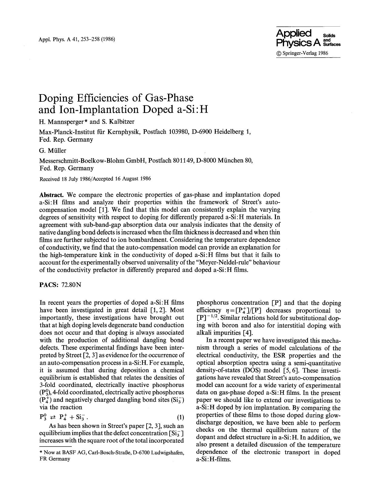 Doping efficiencies of gas-phase and ion-implantation doped a-Si:H by Unknown