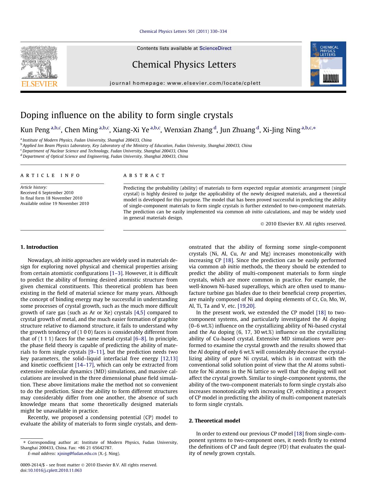 Doping influence on the ability to form single crystals by Kun Peng & Chen Ming & Xiang-Xi Ye & Wenxian Zhang & Jun Zhuang & Xi-Jing Ning