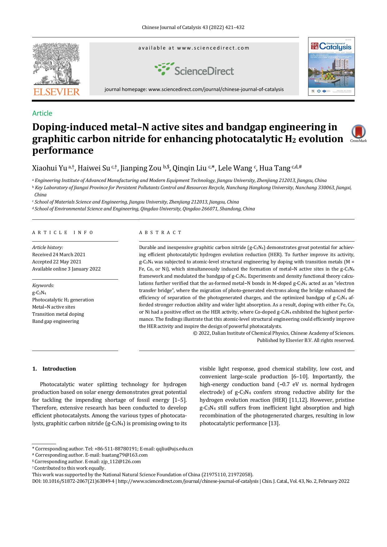 Doping-induced metalÃ¢â¬âN active sites and bandgap engineering in graphitic carbon nitride for enhancing photocatalytic H2 evolution performance by Xiaohui Yu & Haiwei Su & Jianping Zou & Qinqin Liu & Lele Wang & Hua Tang