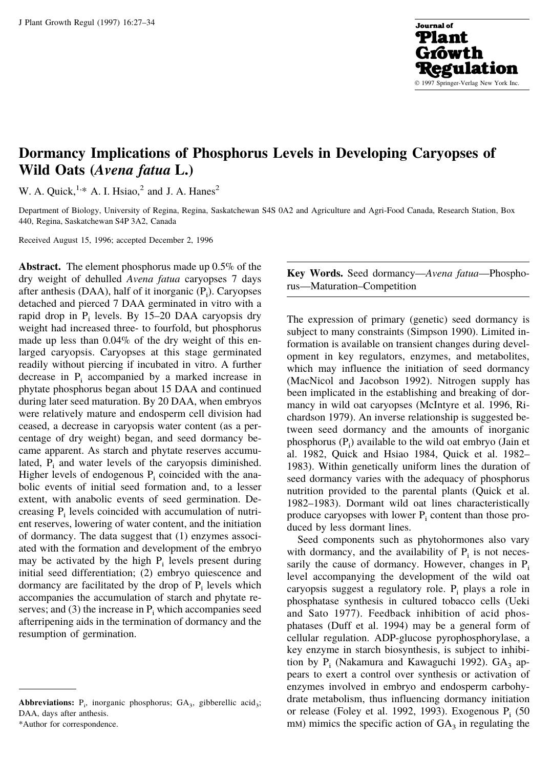 Dormancy Implications of Phosphorous Levels in Developing Caryopses of Wild Oats (Avena fatua L.) by Quick W. et al