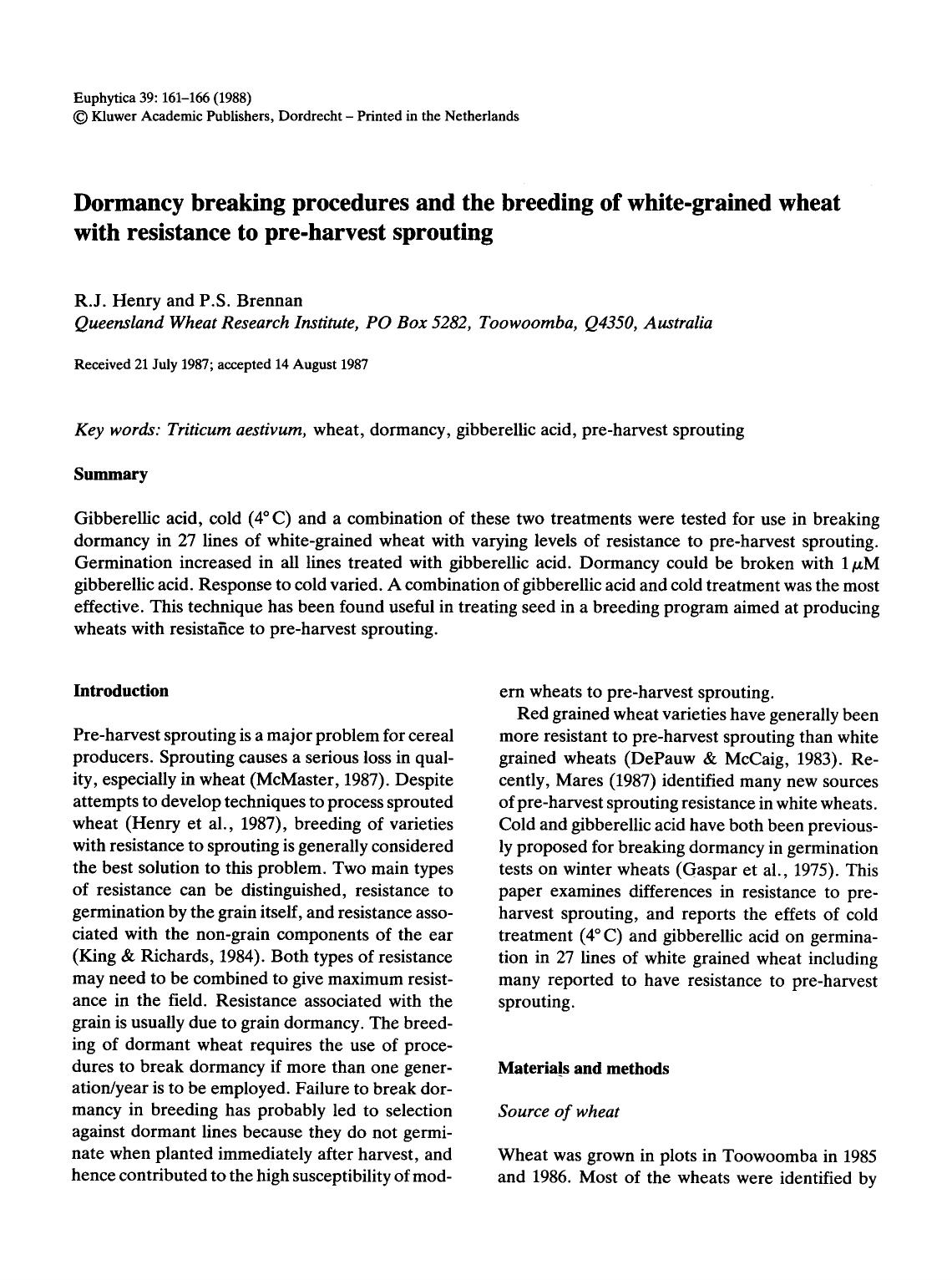Dormancy breaking procedures and the breeding of white-grained wheat with resistance to pre-harvest sprouting by Unknown