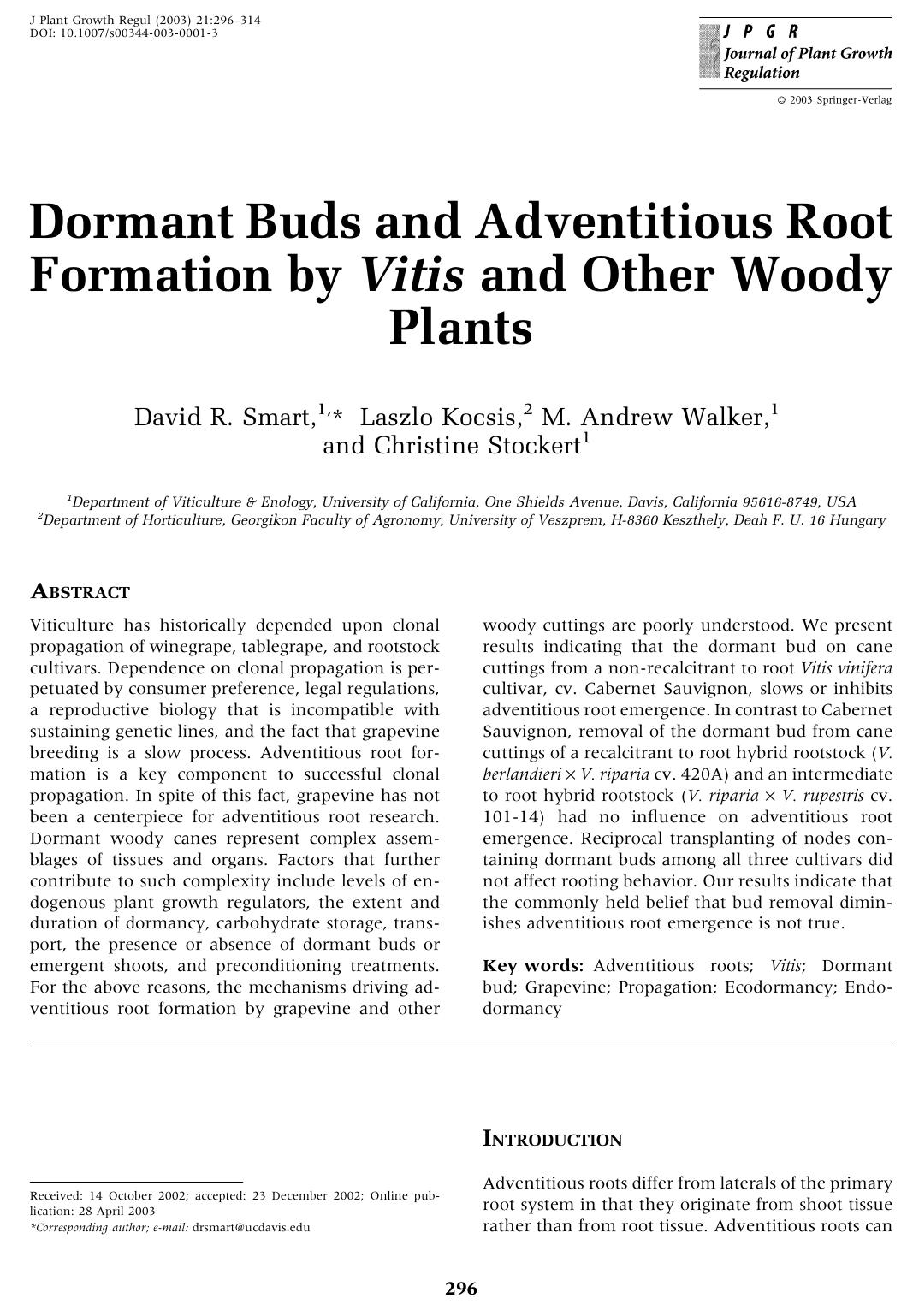 Dormant Buds and Adventitious Root Formation by Vitis and Other Woody Plants by Smart D.R. et al