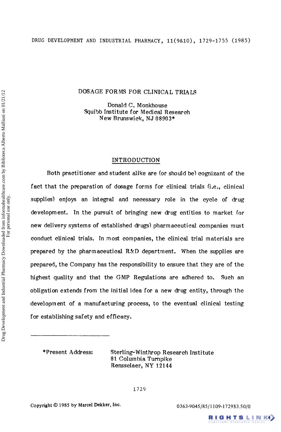 Dosage Forms for Clinical Trials by Donald C. Monkhouse