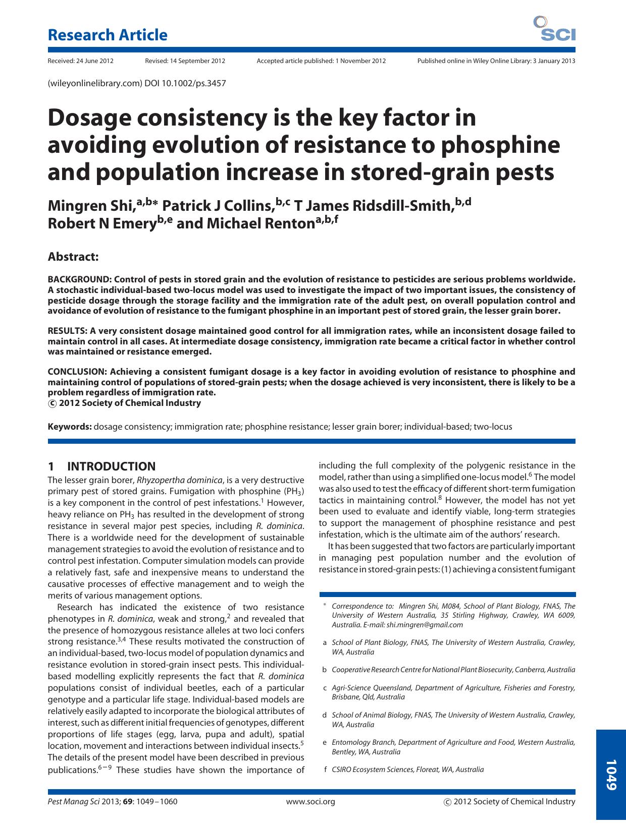 Dosage consistency is the key factor in avoiding evolution of resistance to phosphine and population increase in storedgrain pests by Unknown