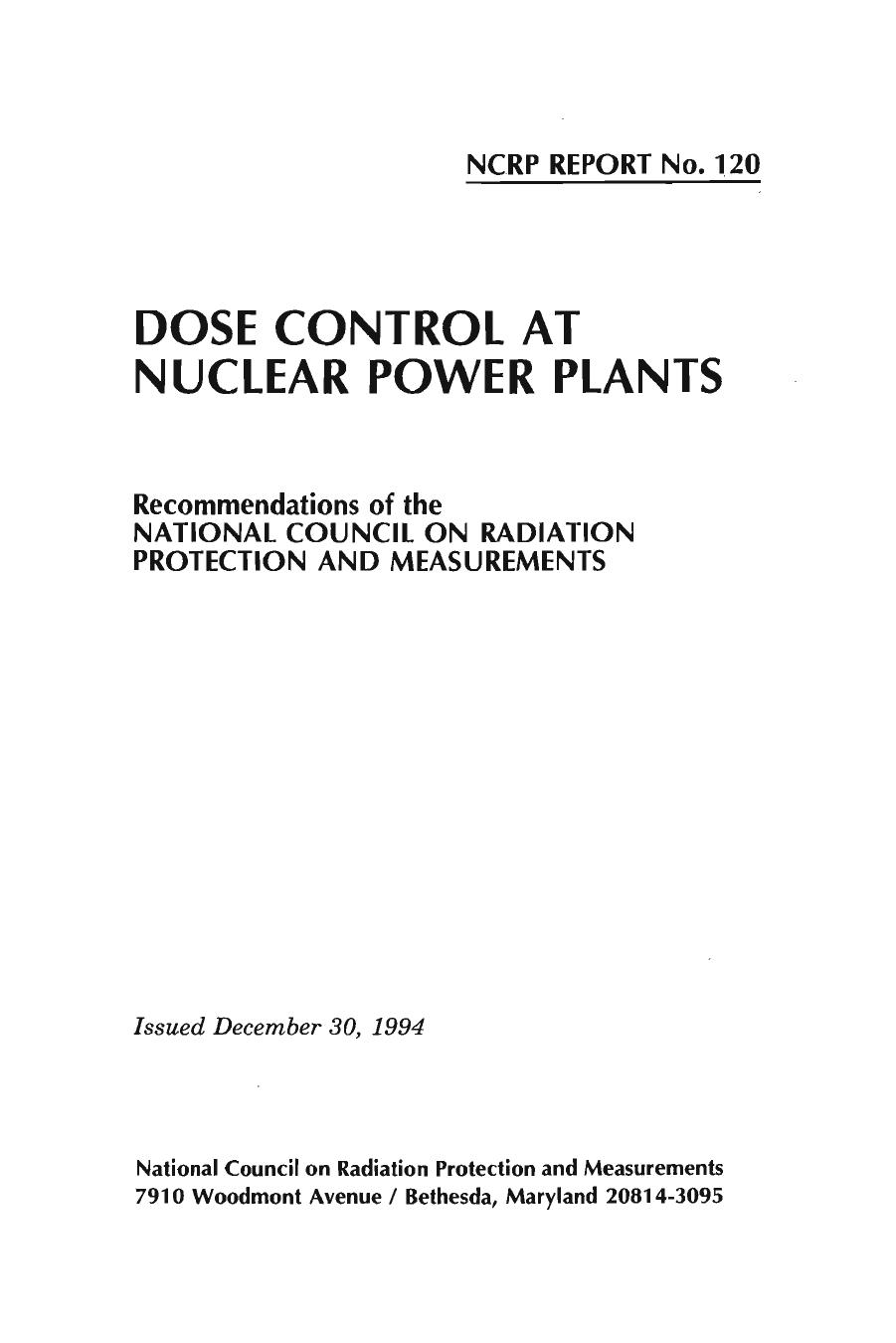 Dose Control at Nuclear Power Plants by National Council on Radiation Protection and Measurements