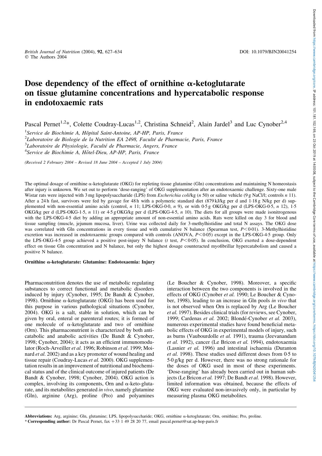 Dose dependency of the effect of ornithine Î±-ketoglutarate on tissue glutamine concentrations and hypercatabolic response in endotoxaemic rats by Pascal Pernet Colette Coudray-Lucas Christina Schneid Alain Jardel Luc Cynober