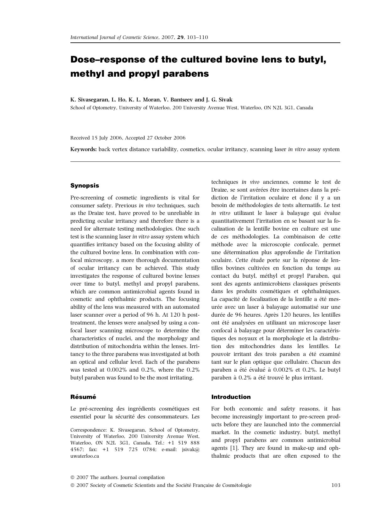 Doseâresponse of the cultured bovine lens to butyl, methyl and propyl parabens by Unknown