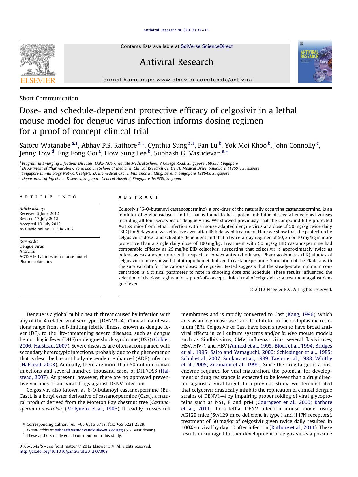Dose- and schedule-dependent protective efficacy of celgosivir in a lethal mouse model for dengue virus infection informs dosing regimen for a proof of concept clinical trial by unknow