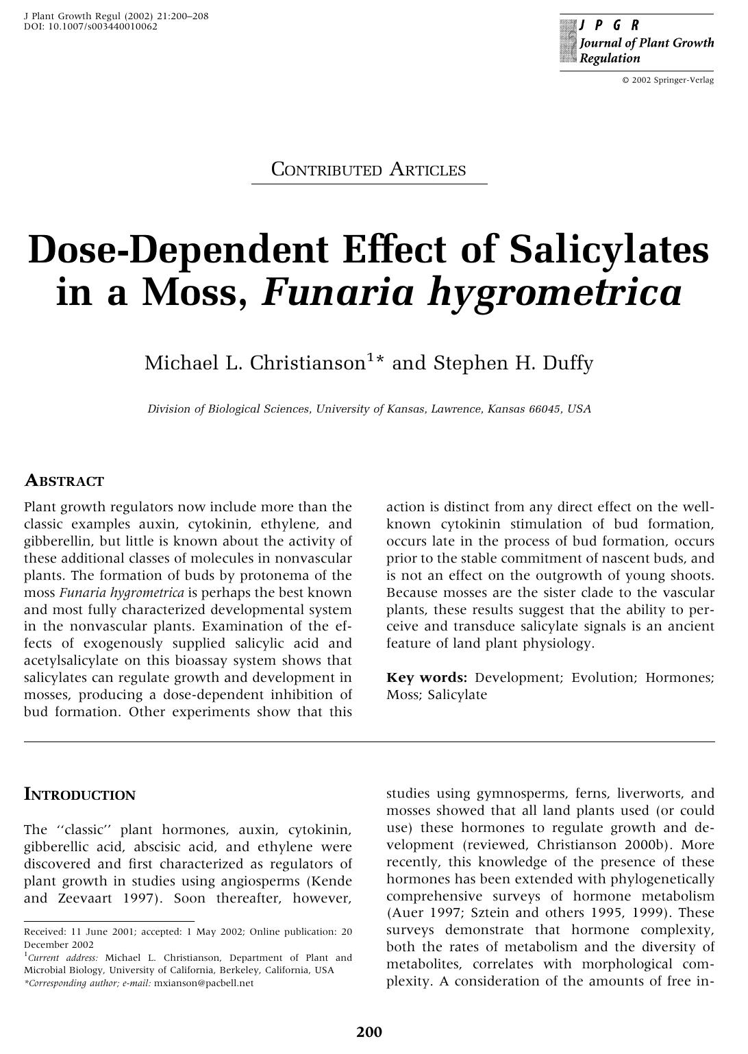 Dose-Dependent Effect of Salicylates in a Moss, Funaria hygrometrica by Christianson M.L. et al