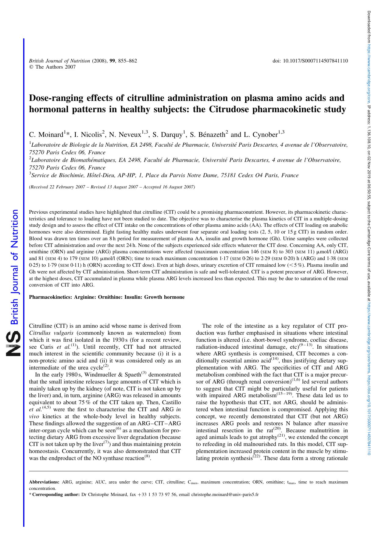 Dose-ranging effects of citrulline administration on plasma amino acids and hormonal patterns in healthy subjects: the Citrudose pharmacokinetic study by C. Moinard I. Nicolis N. Neveux S. Darquy S. Bénazeth L. Cynober