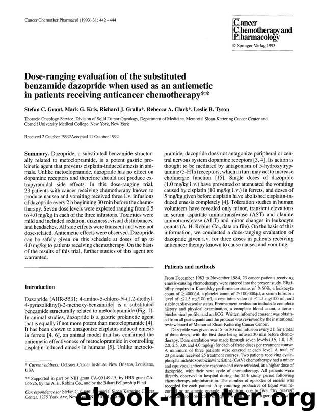 Dose-ranging evaluation of the substituted benzamide dazopride when used as an antiemetic in patients receiving anticancer chemotherapy by Unknown