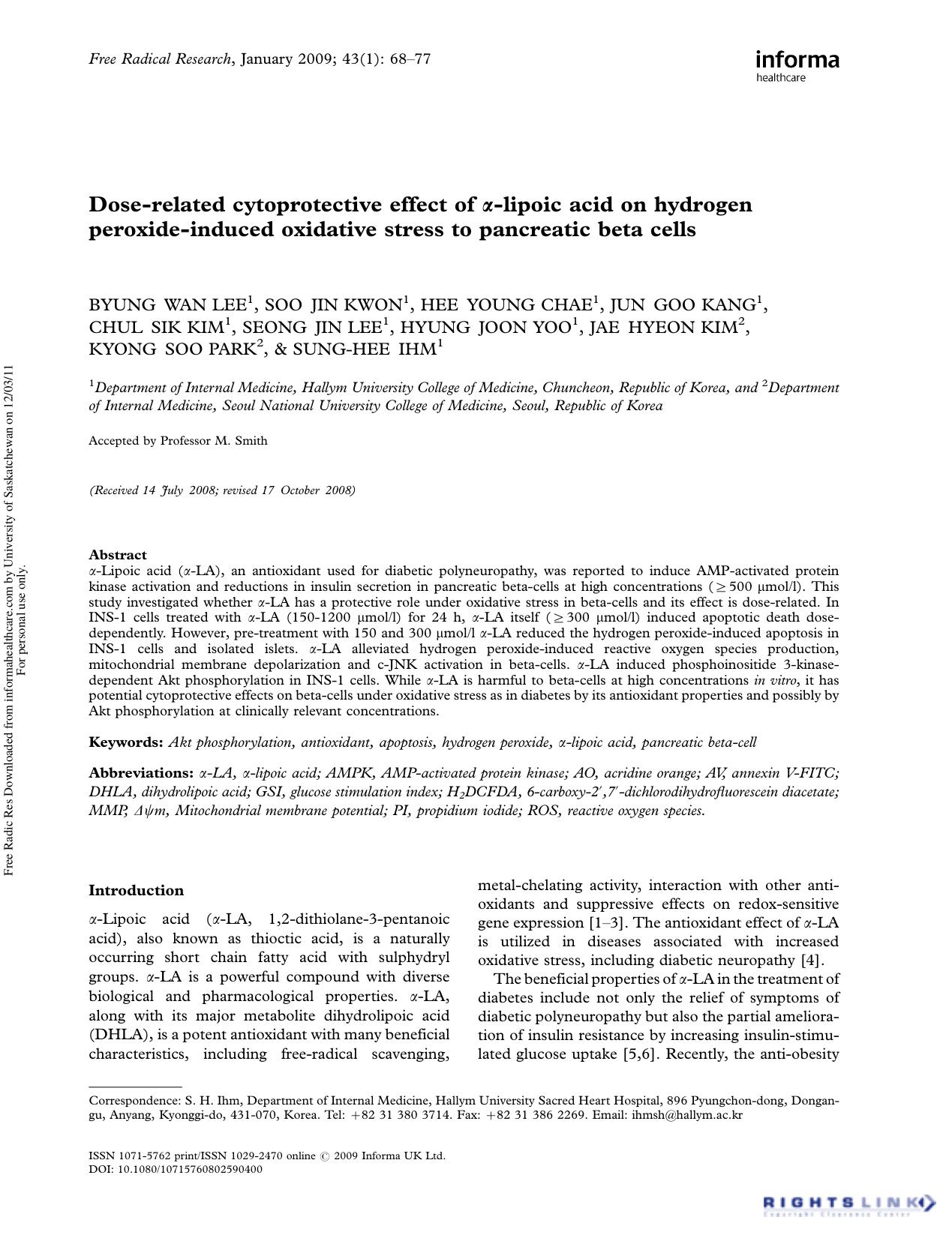Dose-related cytoprotective effect of Î±-lipoic acid on hydrogen peroxide-induced oxidative stress to pancreatic beta cells by unknow