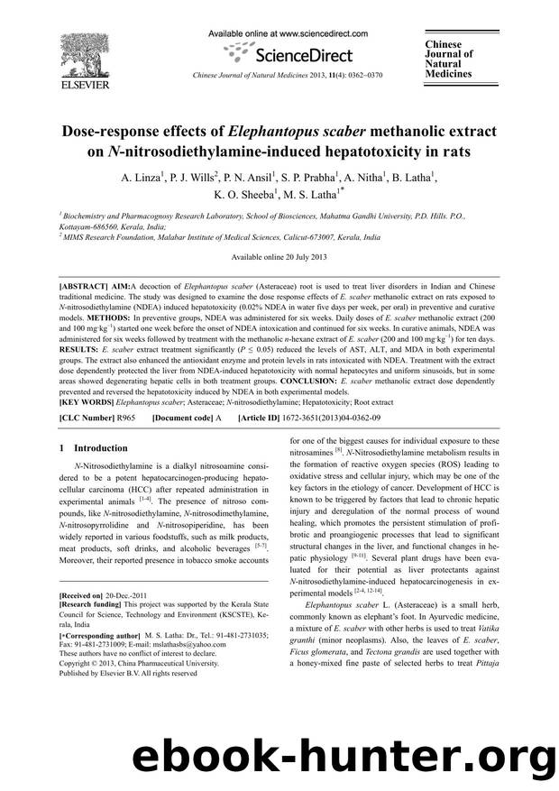Dose-response effects of Elephantopus scaber methanolic extract on N-nitrosodiethylamine-induced hepatotoxicity in rats by A. Linza & P.J. Wills & P.N. Ansil & S.P. Prabha & A. Nitha & B. Latha & K.O. Sheeba & M.S. Latha