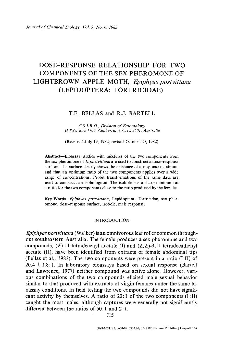 Dose-response relationship for two components of the sex pheromone of lightbrown apple moth, <Emphasis Type="Italic">Epiphyas postvittana <Emphasis> (Lepidoptera: Tortricidae) by Unknown