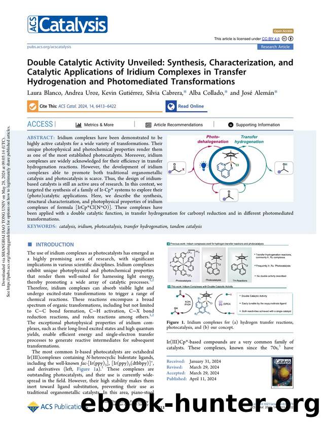 Double Catalytic Activity Unveiled: Synthesis, Characterization, and Catalytic Applications of Iridium Complexes in Transfer Hydrogenation and Photomediated Transformations by Laura Blanco Andrea Uroz Kevin Gutiérrez Silvia Cabrera Alba Collado & José Alemán
