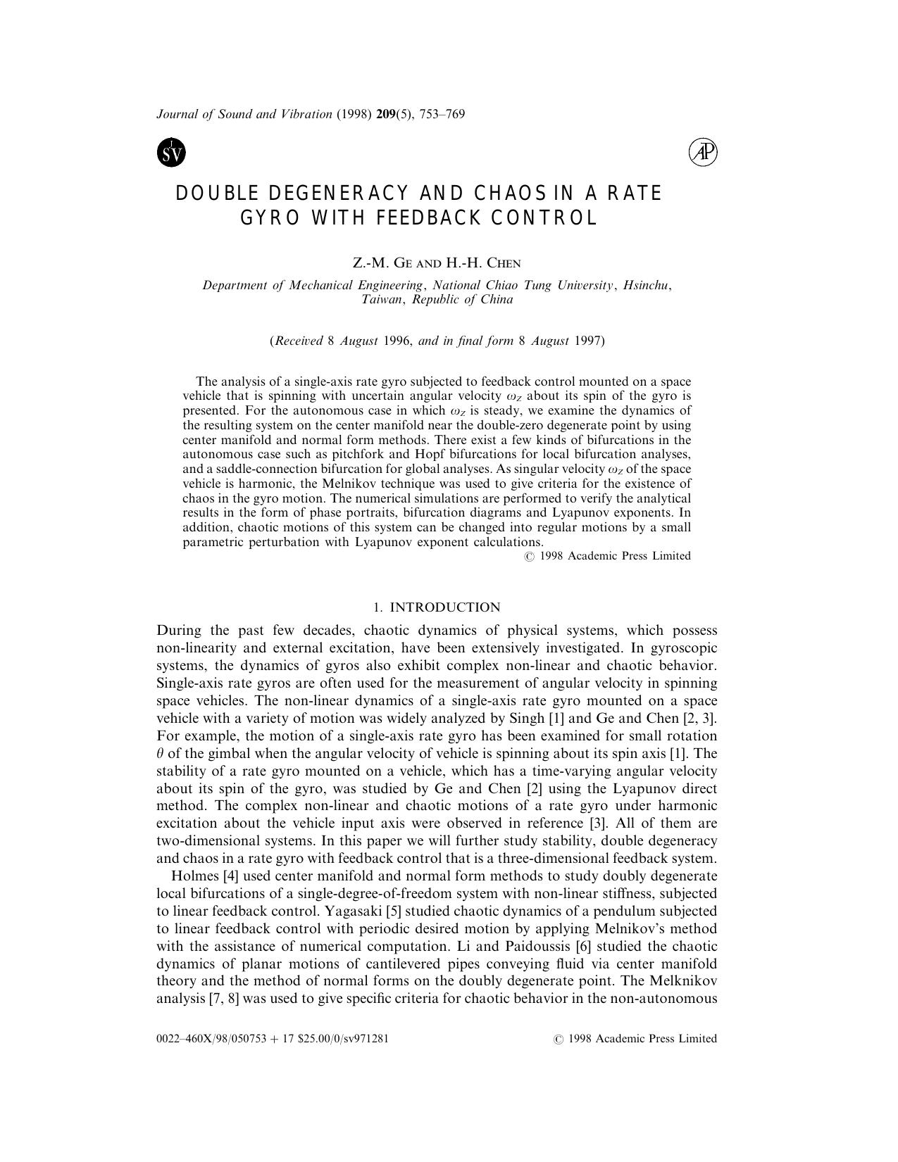 Double Degeneracy and Chaos in a Rate Gyro with Feedback Control by Ge Z.-M. & Chen H.-H