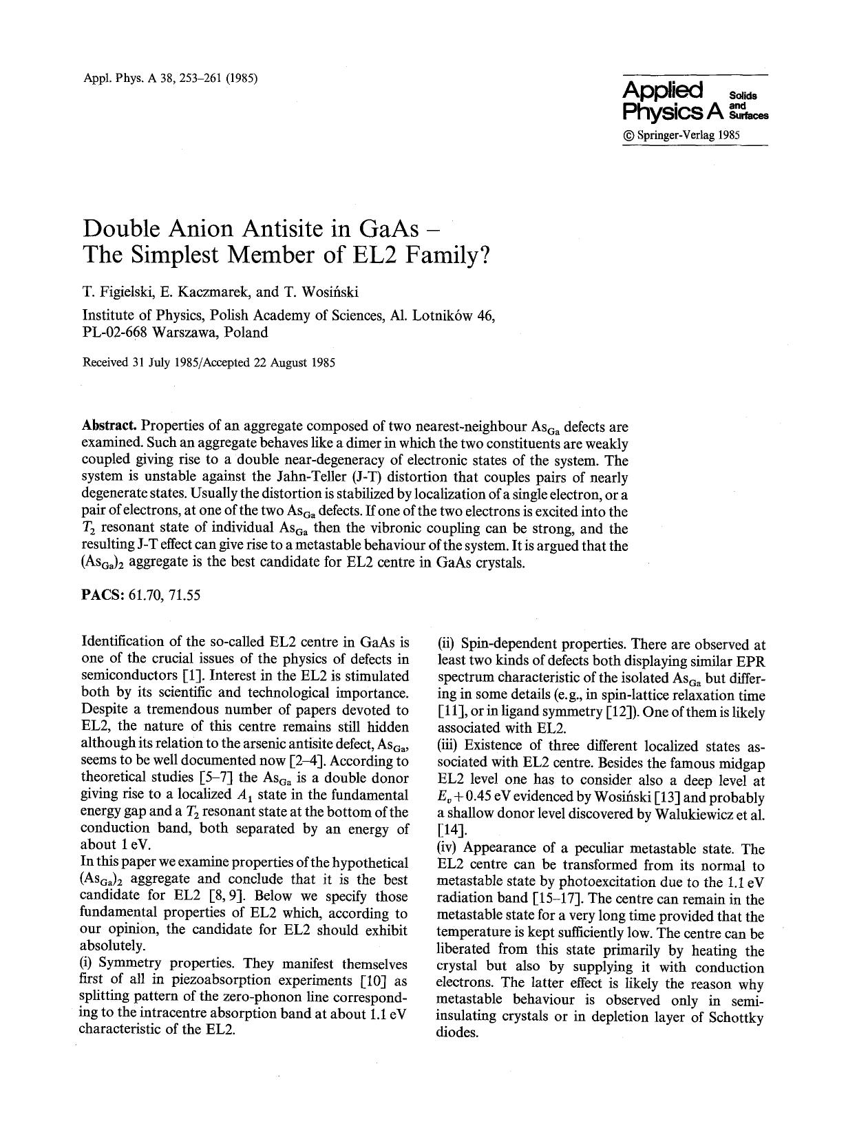 Double anion antisite in GaAs - the simplest member of EL2 family? by Unknown
