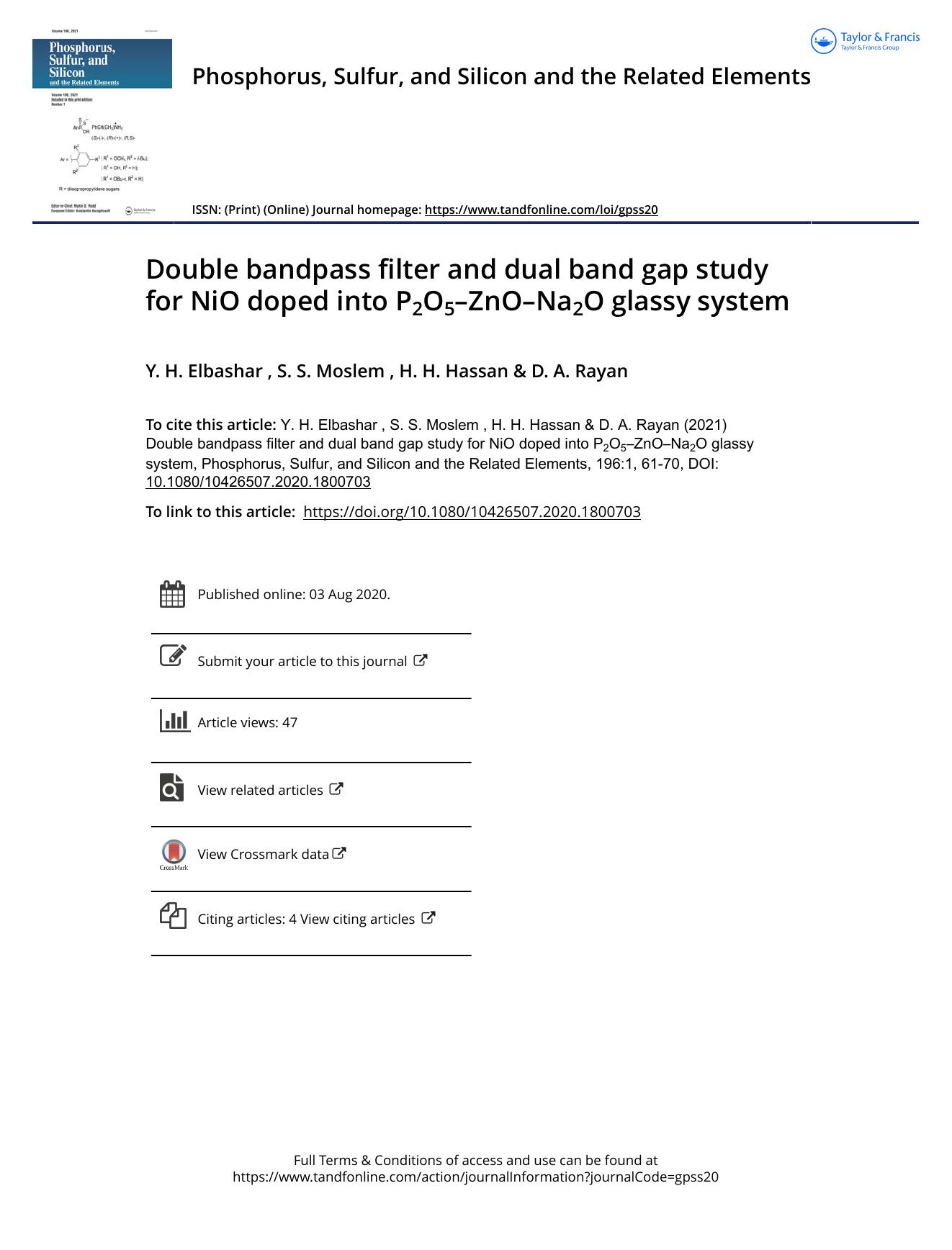 Double bandpass filter and dual band gap study for NiO doped into P2O5âZnOâNa2O glassy system by Elbashar Y. H. & Moslem S. S. & Hassan H. H. & Rayan D. A