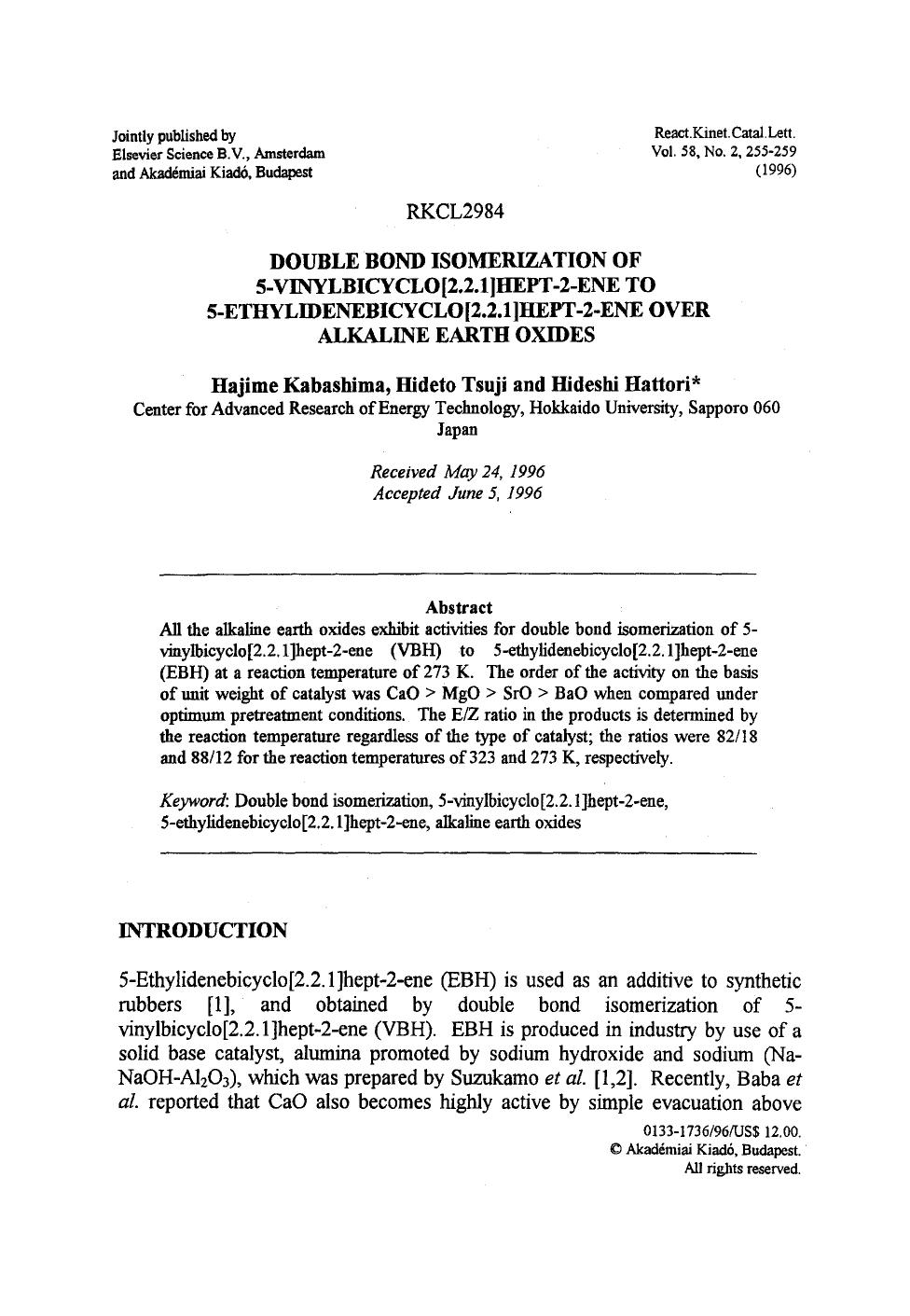 Double bond isomerization of 5-vinylbicyclo[2.2.1]hept-2-ene to 5-ethylidenebicyclo[2.2.1]hept-2-ene over alkaline earth oxides by Unknown