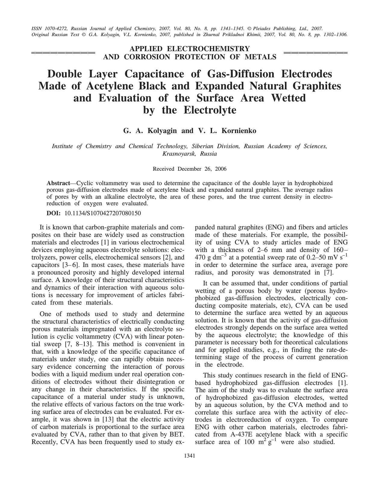 Double layer capacitance of gas-diffusion electrodes made of acetylene black and expanded natural graphites and evaluation of the surface area wetted by the electrolyte by Unknown