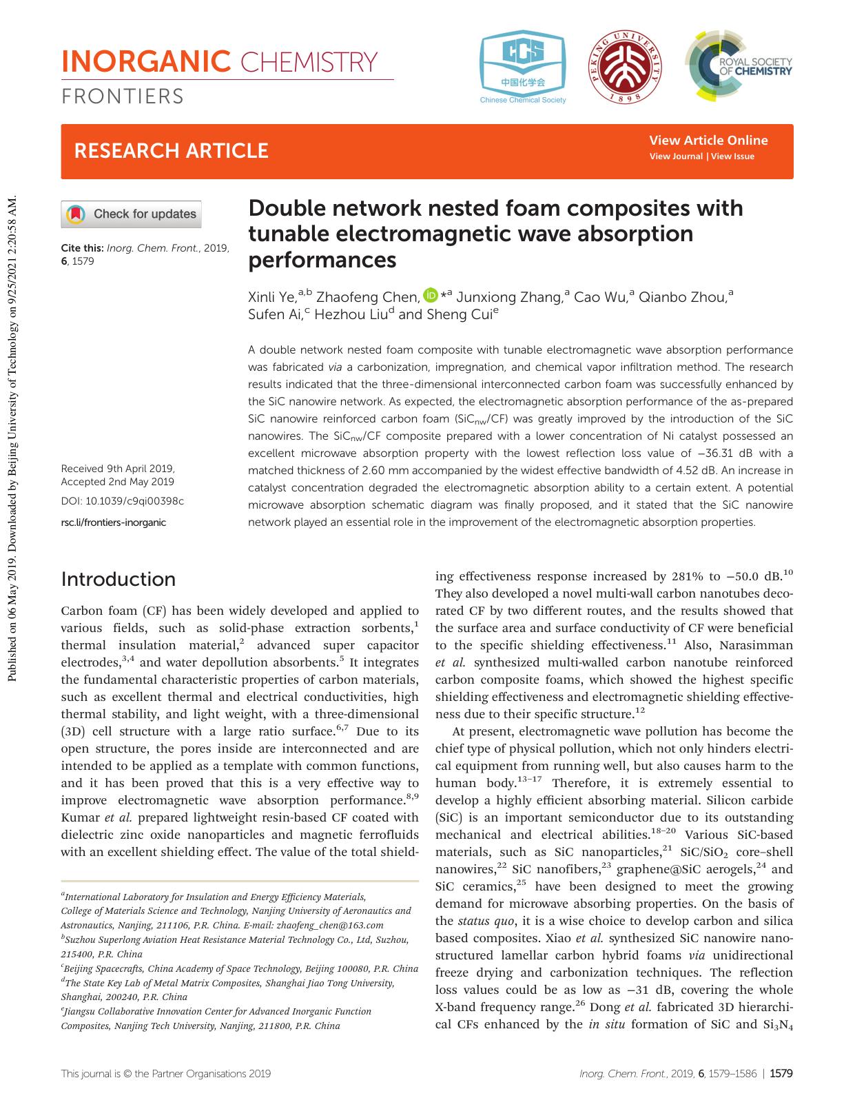 Double network nested foam composites with tunable electromagnetic wave absorption performances by Xinli Ye Zhaofeng Chen Junxiong Zhang Cao Wu Qianbo Zhou Sufen Ai Hezhou Liu Sheng Cui