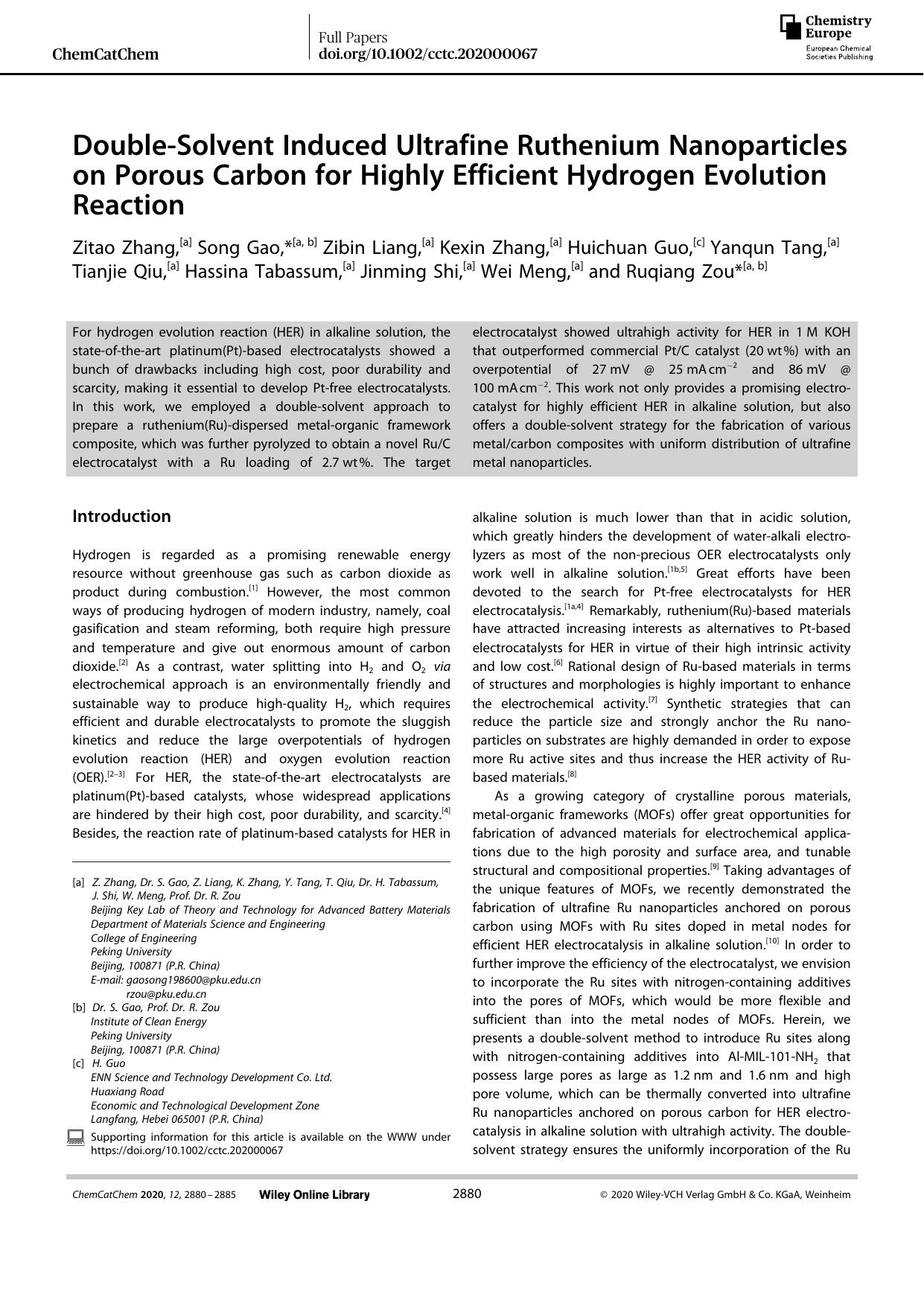DoubleâSolvent Induced Ultrafine Ruthenium Nanoparticles on Porous Carbon for Highly Efficient Hydrogen Evolution Reaction by Unknown