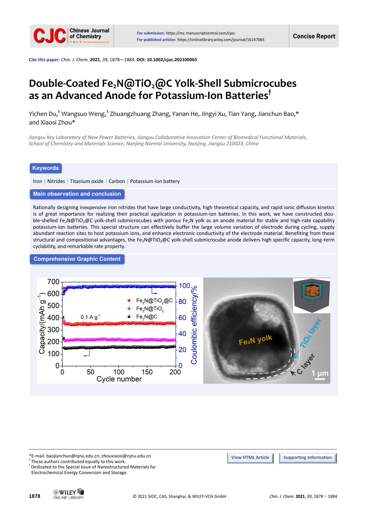Double-Coated Fe2N@TiO2@C YolkâShell Submicrocubes as an Advanced Anode for Potassium-Ion Batteries by grh